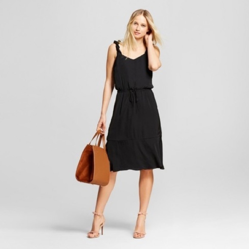 Who What Wear | Black Ruffle Strap Tie Waist Dress